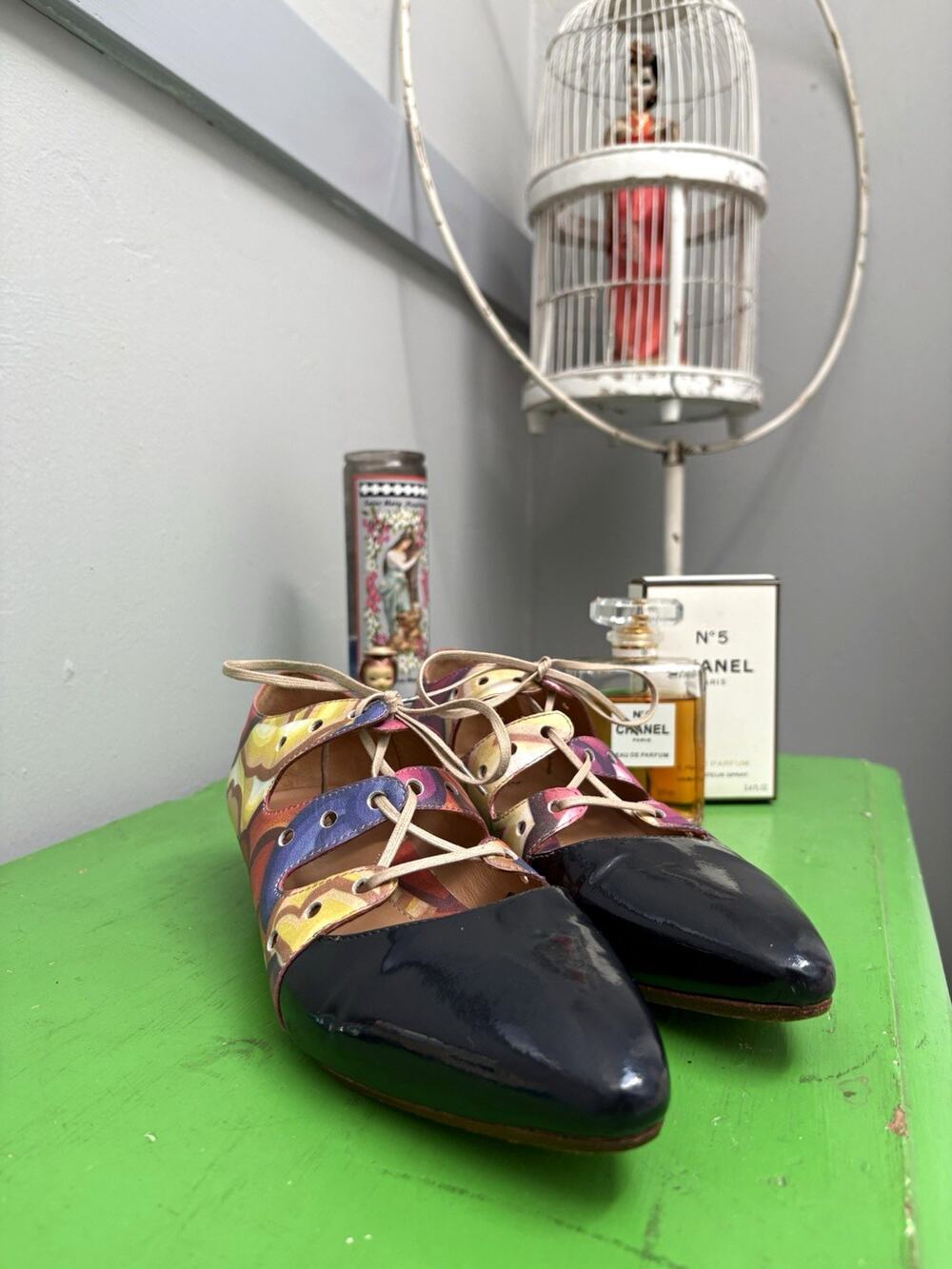 John Fluevog x Jet Martinez Coal Floral Leather Lace Up Flats Shoes Sz ~7 Rare